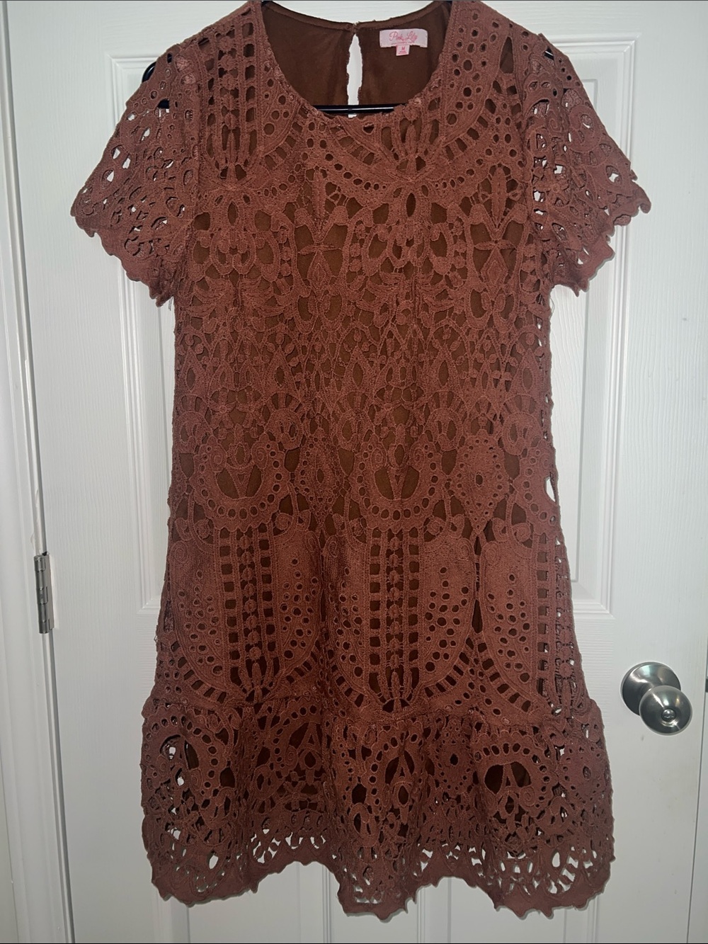 Pink Lily Brown Lace Overlay Dress M NWT